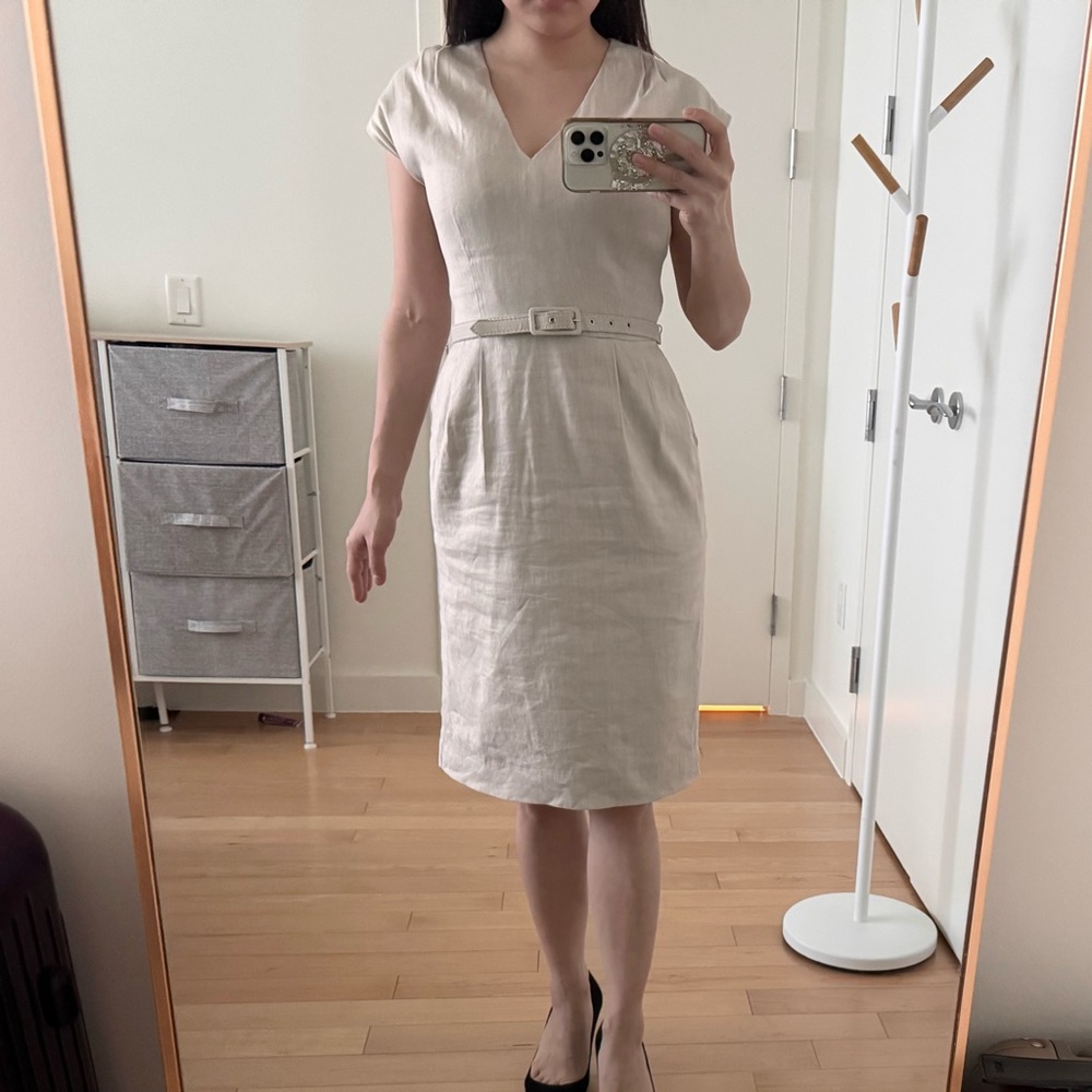 Jigsaw Linen Cream V-Neck Belted Midi Dress with Pockets Size US2